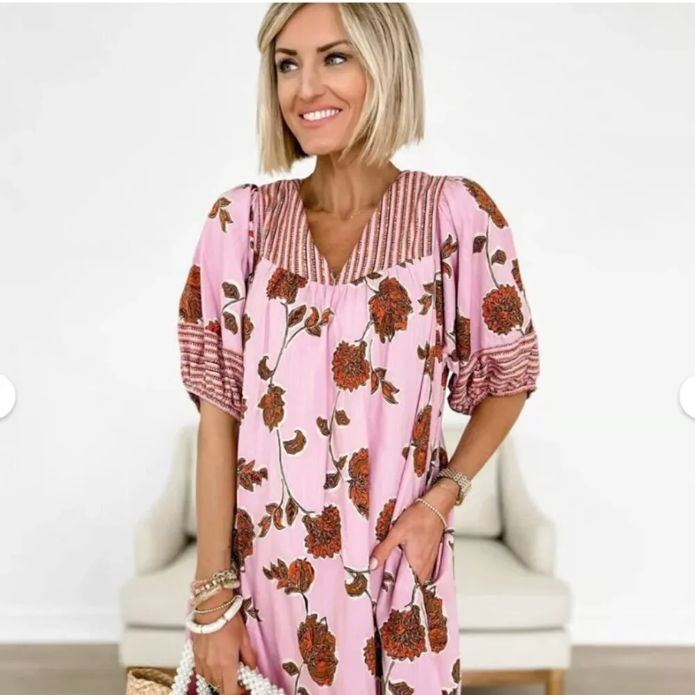 Knox Rose Pink Floral Striped Short Sleeve Boho Peasant Shift Dress Size M - Picture 1 of 8